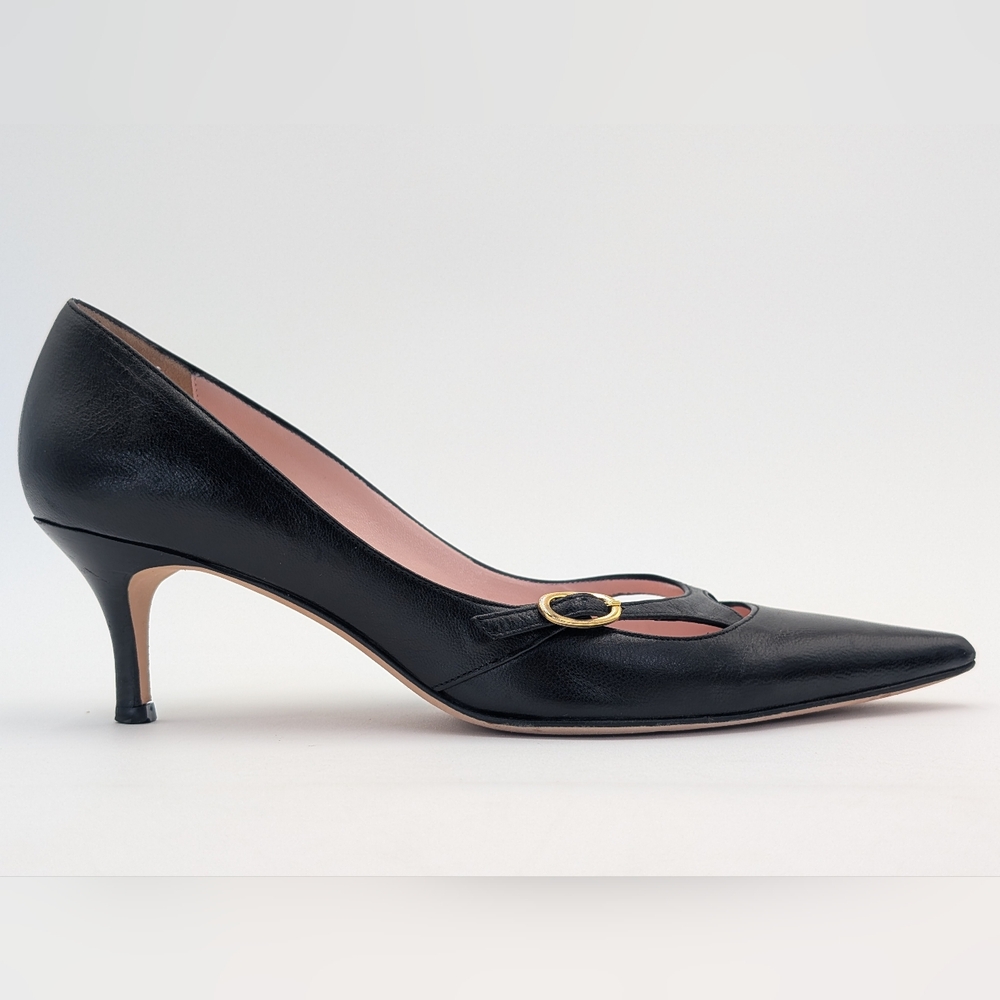 ISAACM MIZRAHI Size 7M Women Genuine Black Leather Heel Gold Buckle Pointed Toe - Picture 4 of 17